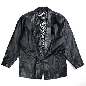 Vintage 80s Black Leather Blazer Single Button Retro Grunge Jacket Medium